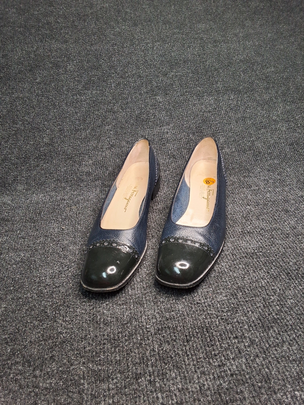 Salvatore Ferragamo Navy and Black Cap-Toe Leather Flats